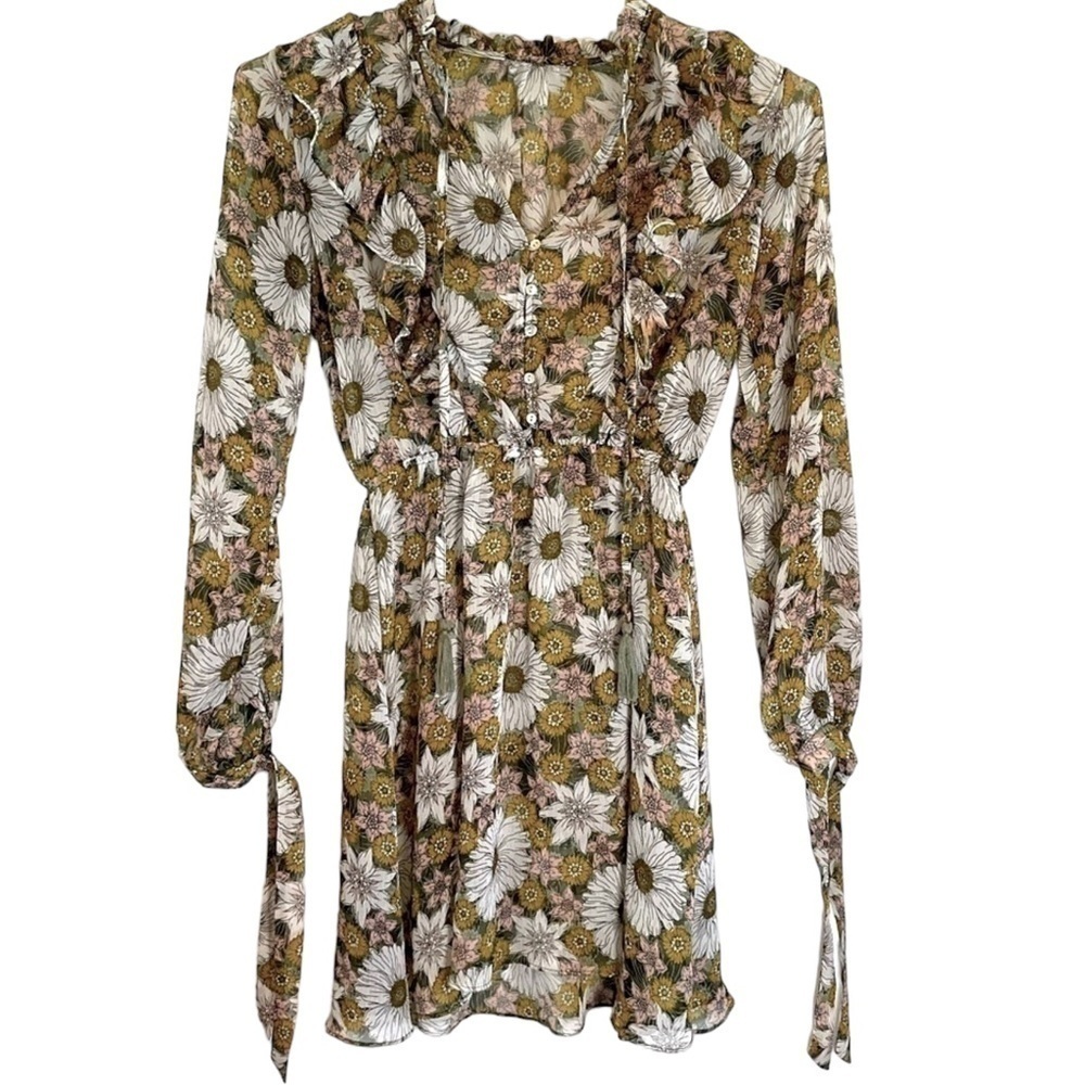 Lost & Wander Dress Floral Sheer Khaki Green Pink Daisies Ruffle Size Medium